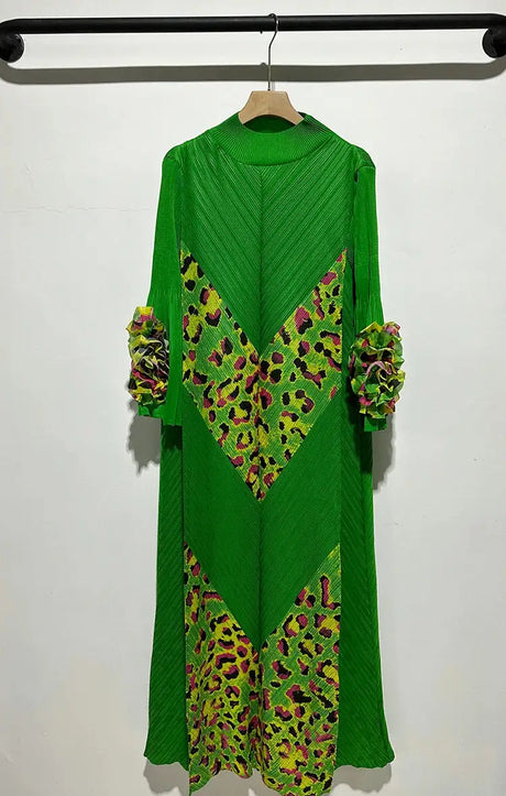 2024 Miyake Fashion Splicing Leopard Print Maxi Dress with Round Neck Hand Shake Flower Horn Sleeves Long Loose Fit Long Dress - Lootquake