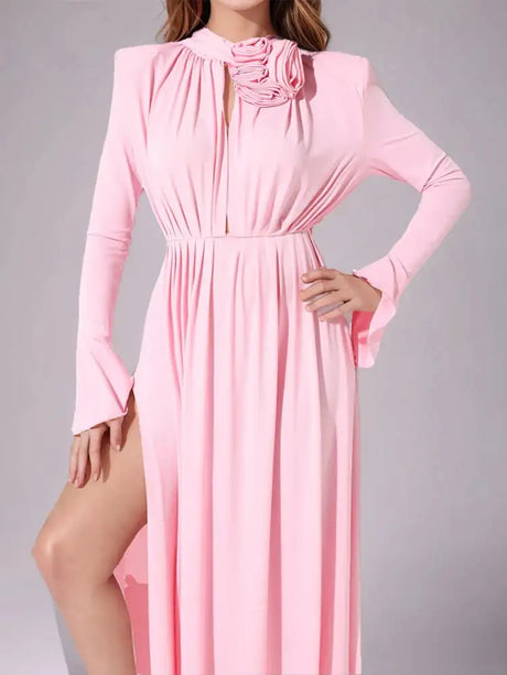 Solid Patchwork Appliques Dresses For Women Half High Collar Flare Sleeve High Waist Elegant Long Dress Female Fashion New - Lootquake