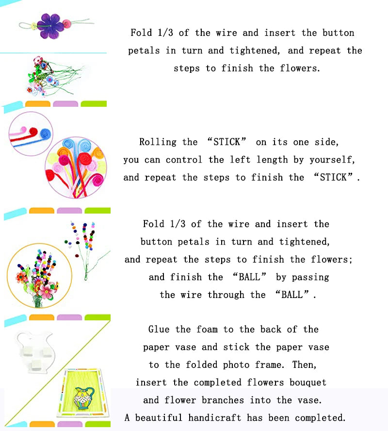 Kids DIY Craft Kit 3D Embossing Kit Photo Frame DIY Making Button Bouquet Boy Girls Interactive Handmade Educational Toy Gift