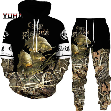 New 3D Fishing Art Print Casual Couple Hoodies Outfits Hip Hop Streetwear Hooded Sweatshirt+Sweat Pants Men's Tracksuit Set - Lootquake
