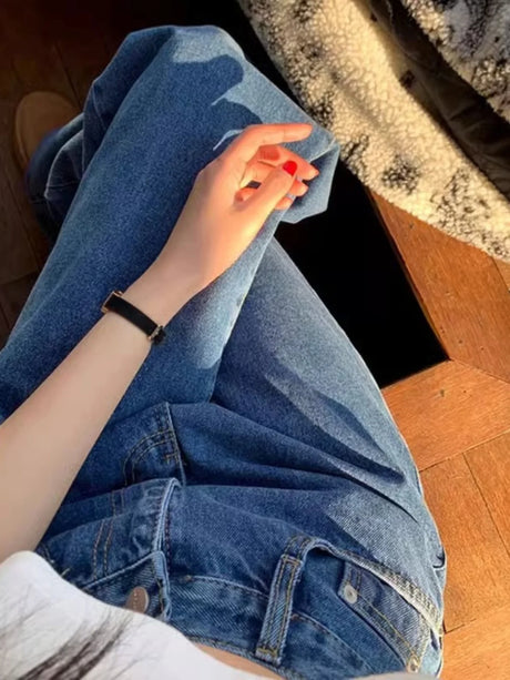 「MD」Retro High Waist Slimming Straight Leg Casual Washed Denim Jeans Women's Chic Spring Versatile Wide Leg Casual Loose Fit - Lootquake