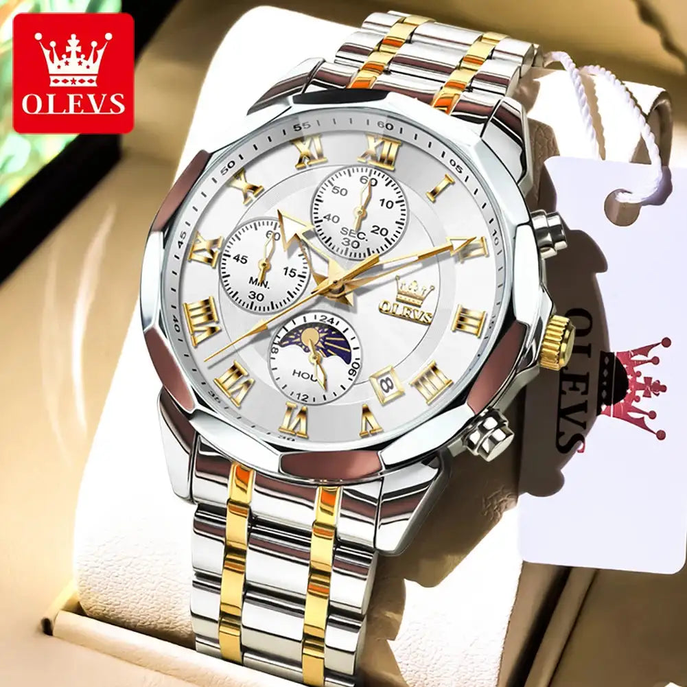 OLEVS 3675 Mens Watch Original Multifunctional Chronograph Quartz Watch Moon Phase Watches For Men Waterproof Mens Gifts Reloj - Lootquake