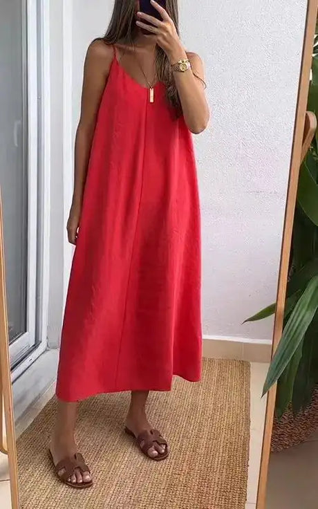Summer Loose Spaghetti Strap Dresses Women Solid Color V-neck Casual Commuting Sleeveless Long Dress Female Fashion New Vestidos - Lootquake
