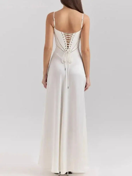 Women's Solid Sexy Satin Lace Up Backless Long Dress Elegant High Waist Square Neck Slim Sling Dresses 2025 Female Beach Robes - Lootquake