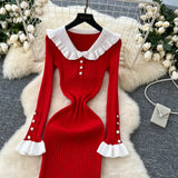 SINGREINY 2024 Hotsweet Slim Autumn Dress Women Peter pan Collar Long Sleeves Patchwork Preppy Style Mermaid Sweater Long Dress - Lootquake