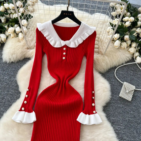 SINGREINY 2024 Hotsweet Slim Autumn Dress Women Peter pan Collar Long Sleeves Patchwork Preppy Style Mermaid Sweater Long Dress - Lootquake
