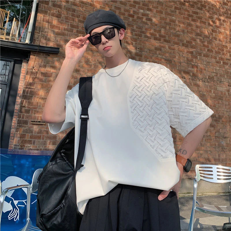 Spliced O Neck Short Sleeve Men T Shirt Summer Korean Harajuku Fashion Casual 2xl Oversized Clothing Black White Streetwear Tops - Lootquake