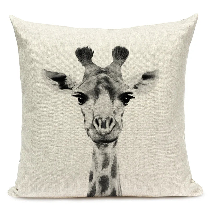Black and White Cute Animals Cushion Cover - Animal Portrait Decoration Throw Pillow Case 45x45cm for Home Sofa Decor
