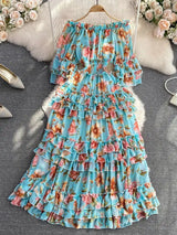 Summer New Off Shoulder  Wrap Waist to Show Thin A-line Fragmented Cake Dress Women's Beach Vacation Chiffon Long Dress GD820 - Lootquake
