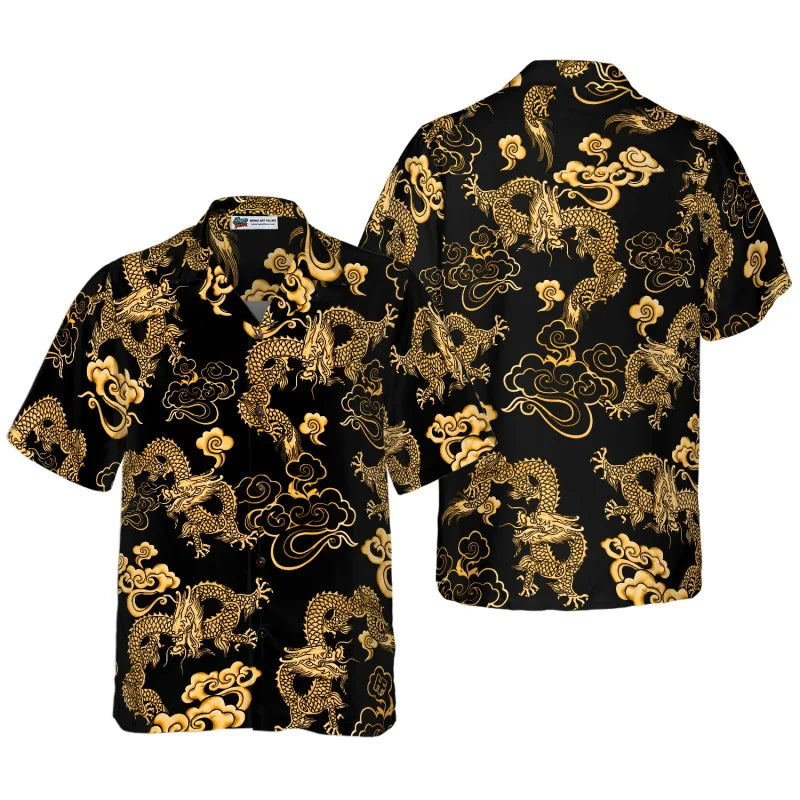 All Over Print Flame Dragon Pattern Hawaiian Shirts For Men Summer Short Sleeve Button Up Beach Shirts Blouse Mens Streetwear - Lootquake