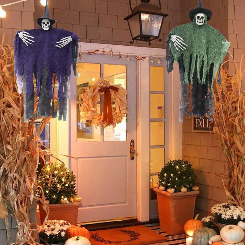 Halloween Skeleton Ghost Hanging Decor,Scary Flying Ghost with Wizard Hat for Haunted House Decor, Patio Porch Skull Prop