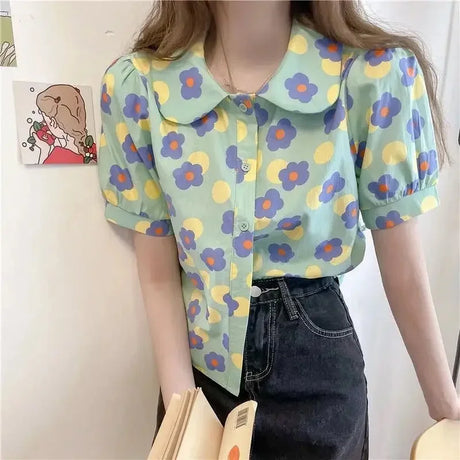 Women Summer Korean Casual Printing Chiffon Loose Polo-Neck Short Sleeve Blouse Women Clothes Sweet All-match Floral Top Tee - Lootquake