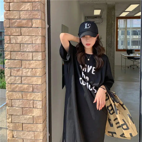Harajuku Graphic White Long Dress Woman Clothing Y2k Casual Short Sleeve O-Neck Korean Fashion Summer Womens Loose Dresses 2024 - Lootquake