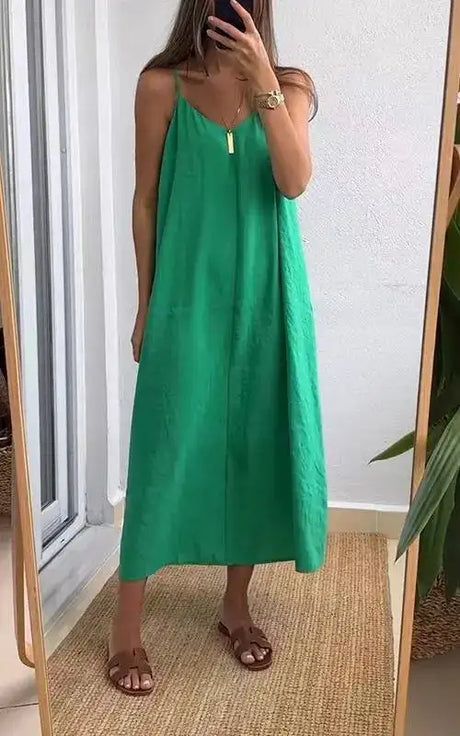 Summer Loose Spaghetti Strap Dresses Women Solid Color V-neck Casual Commuting Sleeveless Long Dress Female Fashion New Vestidos - Lootquake
