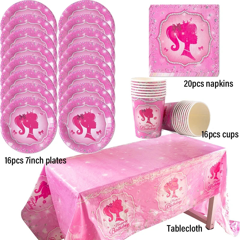Décoration de fête d'anniversaire, vaisselle jetable rose, assiette en papier, gobelet, nappe, fournitures pour fête prénatale, anniversaire de fille