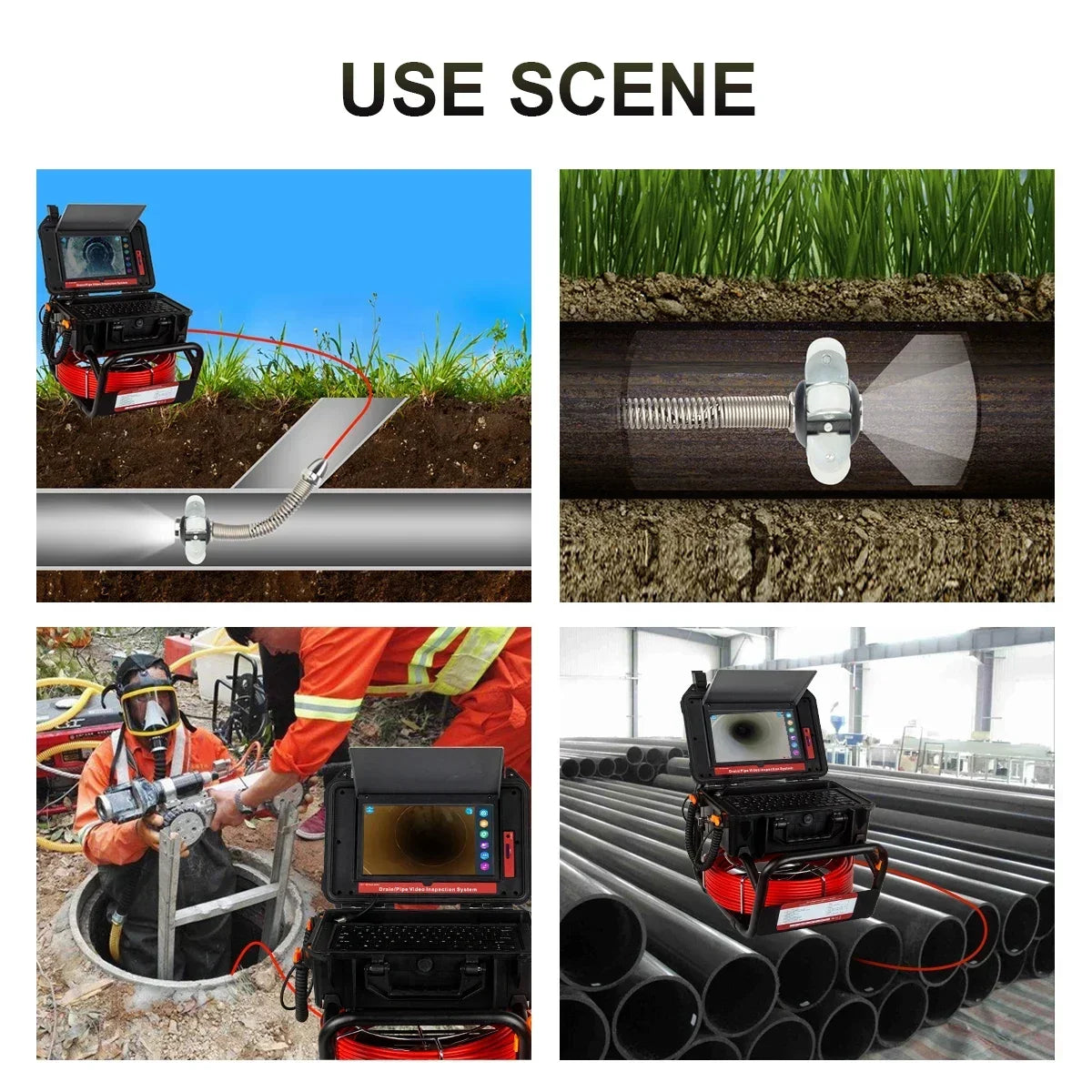 Cámara de inspección de tuberías con pantalla de 10,1 pulgadas y 1080P, endoscopio de alcantarillado SYANSPAN con autonivelación, sonda/transmisor de 512 Hz y contador de 30/50 m.