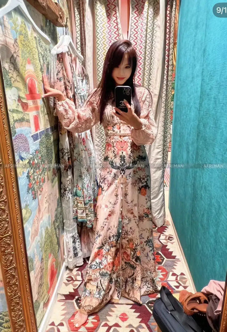 Women V Neck Lace Embroidery Patchwork Silk Floral Print Lantern Sleeve A-line Maxi Long Dress - Lootquake
