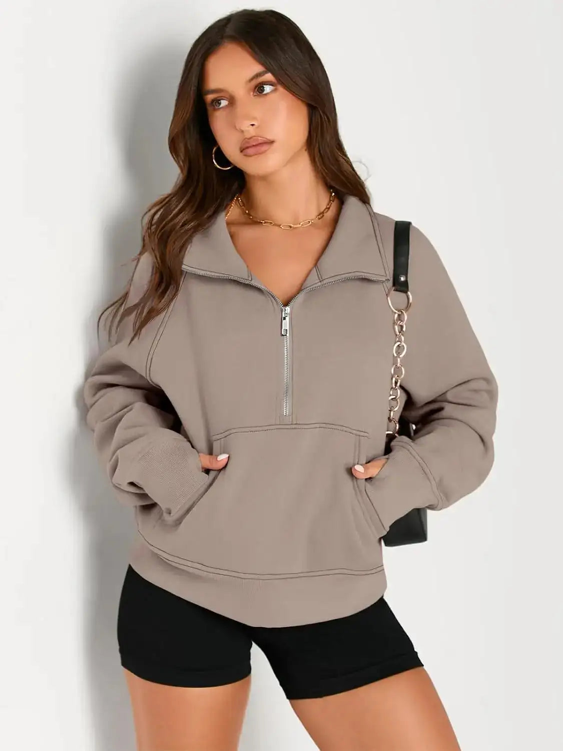 Womens Sweatshirts Half Zip Cropped Pullover Fleece Quarter Zipper Hoodies Fall outfits Clothes Thumb Hole - Lootquake
