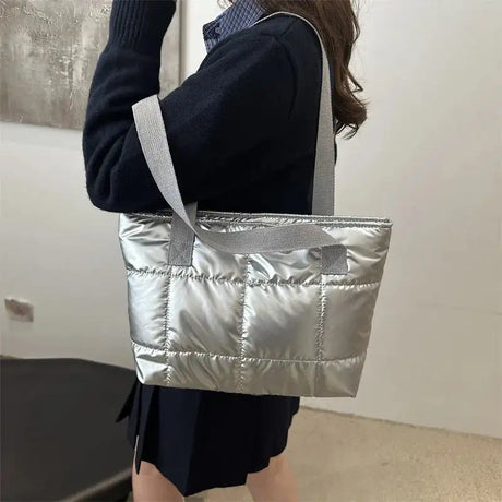 Fashion Ladies Tote Handbags Large Capacity Cotton Padded Shopping Bag Rhombus Portable Handbag Quilted Solid for Leisure Travel - Lootquake