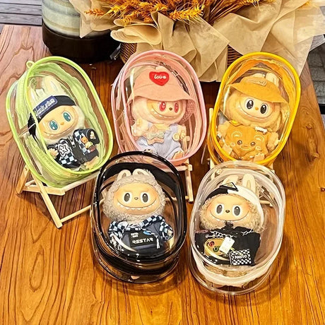 Colorful Transparent Protector Case Organizer Box for 17cm Labubu Plush Dolls Outdoor Display Bag With Keychain Doll Accessories - Lootquake