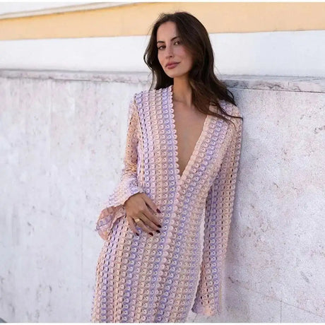 Striped Hooked Crochet Knit Long Dress Women Autumn Long Sleeve A Line Vestidos Female Vintage Commuter Slim Dresses - Lootquake