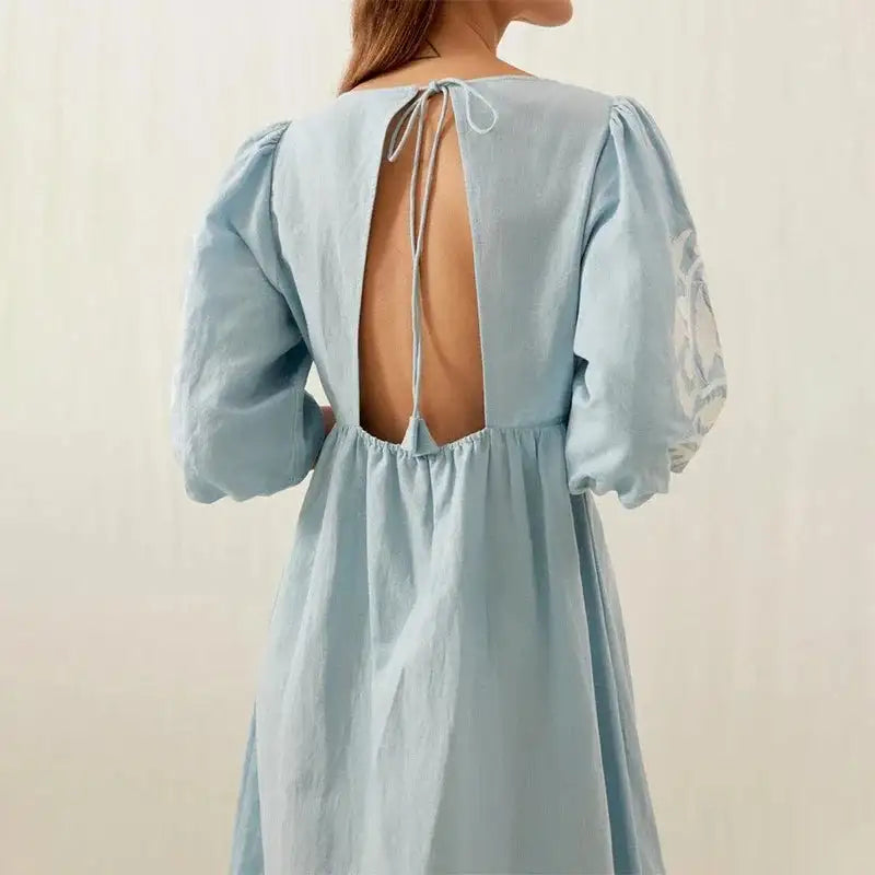 Elegant Print Half Puff Sleeve Dresses Women Loose V-neck Lace Up Backless Long Dress 2024 Summer New Ladies Chic Beach Robes - Lootquake