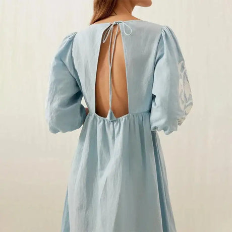 Elegant Print Half Puff Sleeve Dresses Women Loose V-neck Lace Up Backless Long Dress 2024 Summer New Ladies Chic Beach Robes - Lootquake