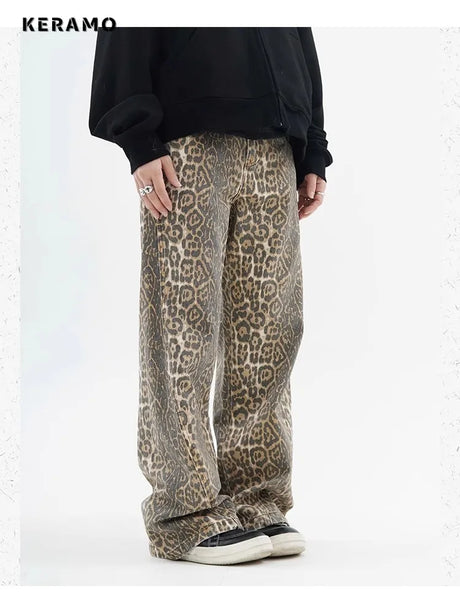 Vintage Leopard Print Jeans Women Spring Oversize Casual Hip Pop Wide Leg Trouser Trend High Waist Panther Denim Pants Ladies - Lootquake