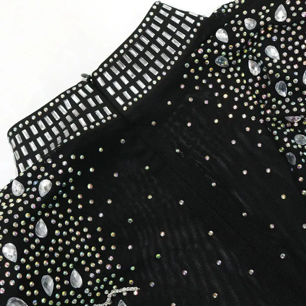 CM.YAYA Vestido largo de sirena con diamantes de imitación y manga larga transparente para mujer, de malla transparente, sexy, para fiesta de noche o otoño