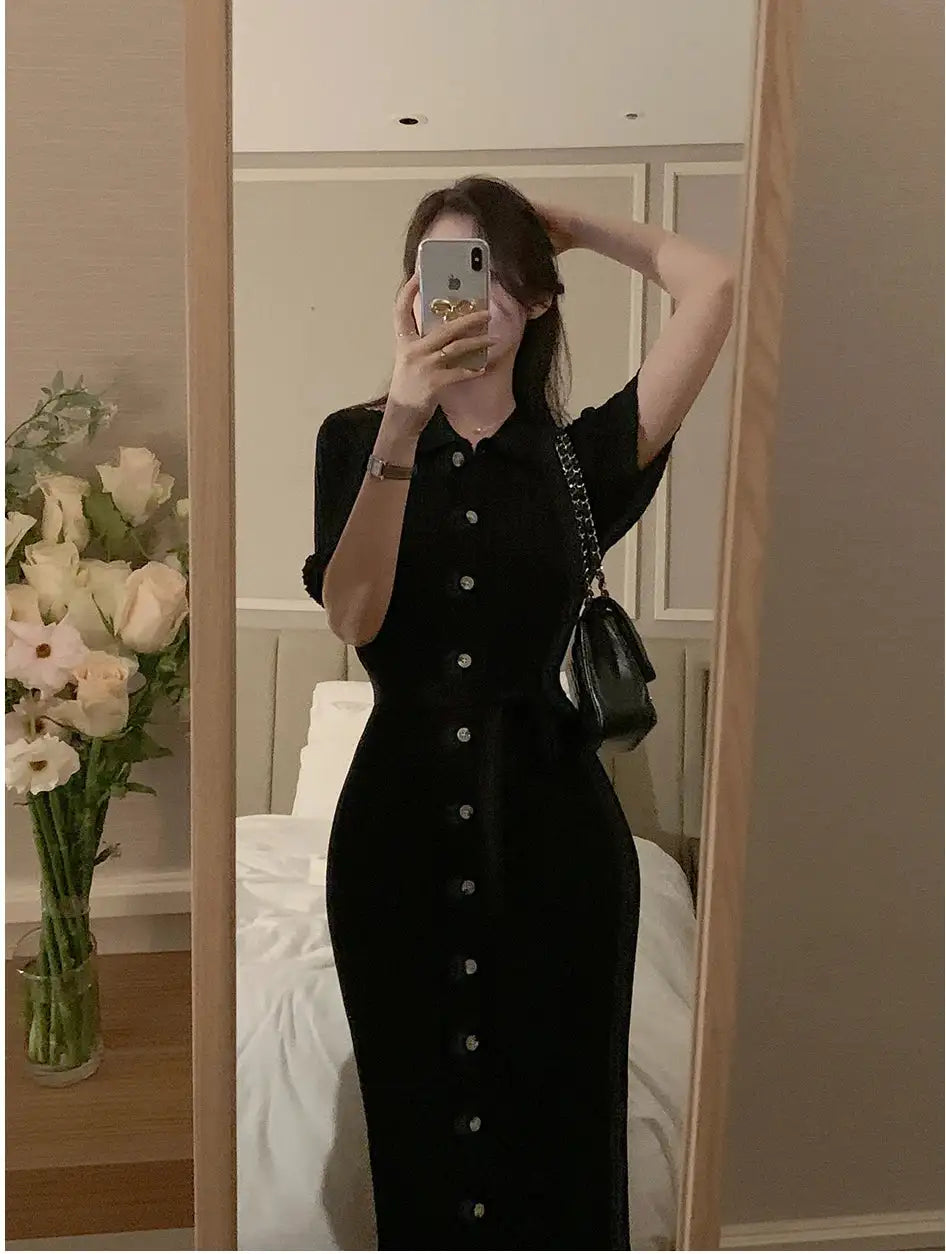 Elegant Summer Sweet Sle Turn-down Collar Single-button Thin Ice Silk Short-sleeve Knitted Long Dress Women's Fashion - Lootquake