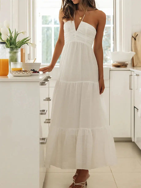 Women Low Cut Backless Maxi Dresses Elegant Spaghetti Strap Tiered Long Dress Relax Fit Open Back Cutout Flowy Sundress - Lootquake