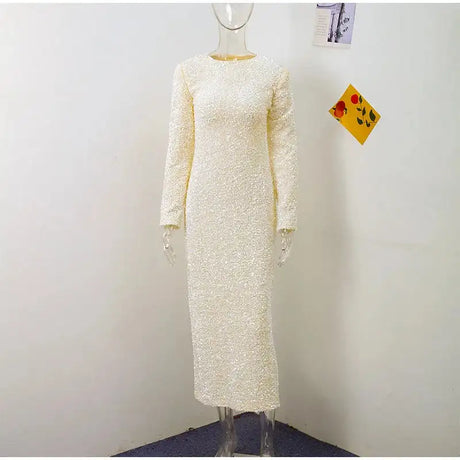 Sequined Party Dresses For Women Removable Sleeve O-neck Slim Long Dress Female 2025 Elegant White Lady Sexy Evening Vestidos - Lootquake