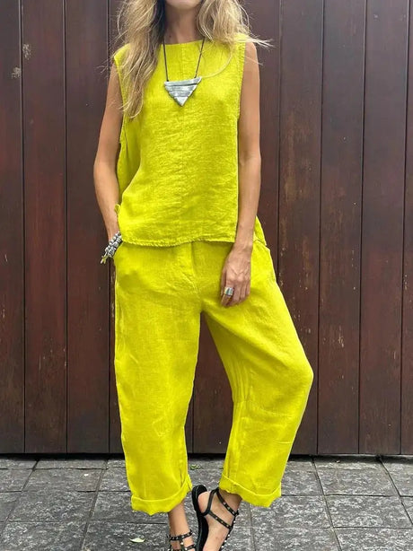 Summer Cotton And Linen Casual Outfits Female Fashion Solid Color Two-piece Set For Women Sleeveless Top Trousers Women's Suit - Lootquake