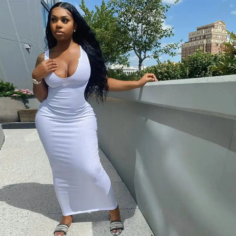 Sifreyr Ribbed V Neck Tank Long Dress Women Solid Sleeveless Bodycon Maxi Dress Sexy Streetwear Party Club Outfits Slim Sundress - Lootquake