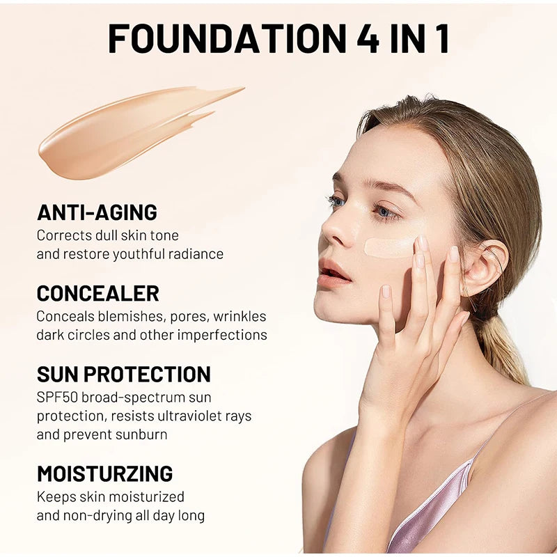 Fond de teint bionique 4 en 1, anti-cernes liquide, hydratant, couvrance totale, longue tenue, waterproof, spectre SPF50+, imite les couleurs