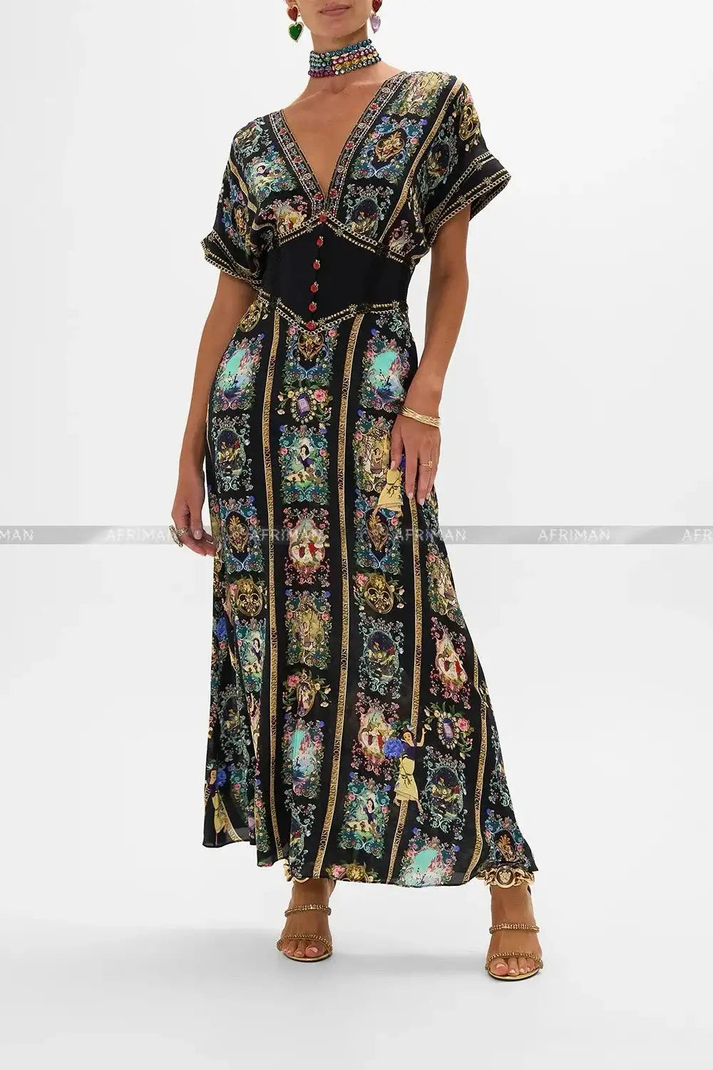 Women New V Neck Crystal Beaded Short Sleeve Retro Cartoon Print Elastic High Waist Silk Long Dress - Lootquake