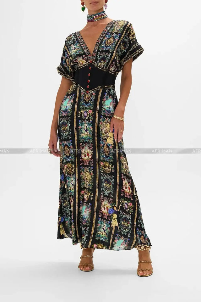 Women New V Neck Crystal Beaded Short Sleeve Retro Cartoon Print Elastic High Waist Silk Long Dress - Lootquake
