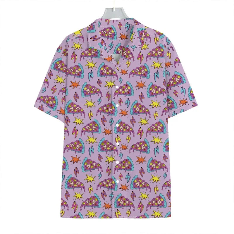 3D Print Pepperoni Pizza Graphic Aloha Shirts For Men Short Sleeve Oversized Beach Hawaii Shirts Mens Button Up Tee Shirt Tops - Lootquake