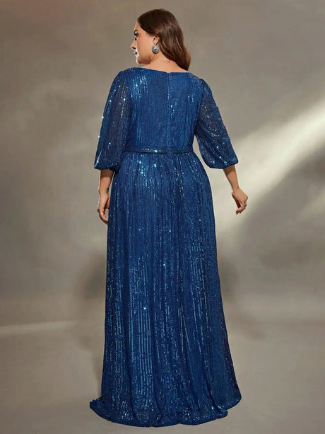 Mgiacy plus size V-neck bust pleated mid-long sleeve A-frame sequin long dress Evening gown PROM dress Party dress - Lootquake