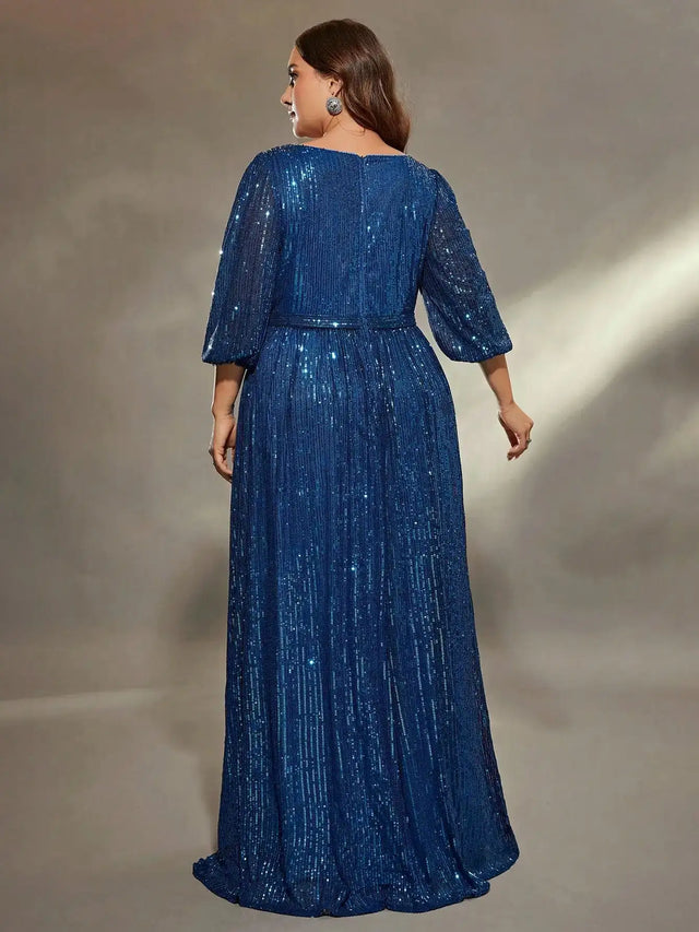 Mgiacy plus size V-neck bust pleated mid-long sleeve A-frame sequin long dress Evening gown PROM dress Party dress - Lootquake