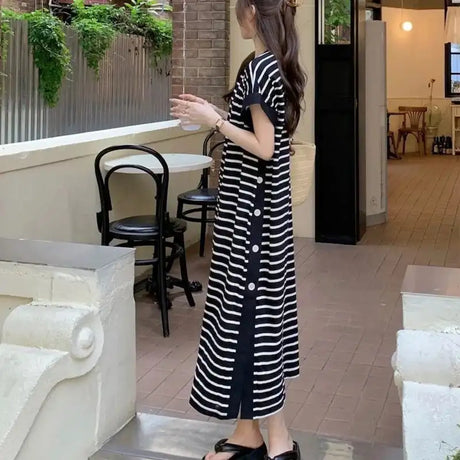 2024 New Casual Korean Striped O-neck Short Sleeve Long Dress Ladies Simplicity Patchwork Loose Tshirt Dress Women Clothing - Lootquake