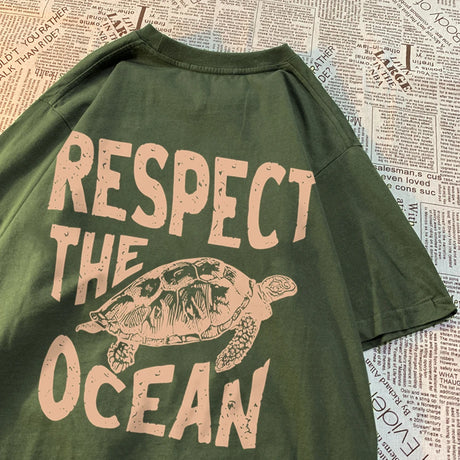 Respect The Ocean Green Turtle T Shirt Men Oversized Clothes Hip Hop Breathable Short Sleeve Harajuku Summer Cotton T-Shirt - Lootquake