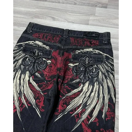 Y2K Baggy Shorts Womens New Wing Embroidered Denim Shorts Vintage Harajuku Hip Hop Gothic Punk Gothic Wide Leg Pants Street Wear - Lootquake