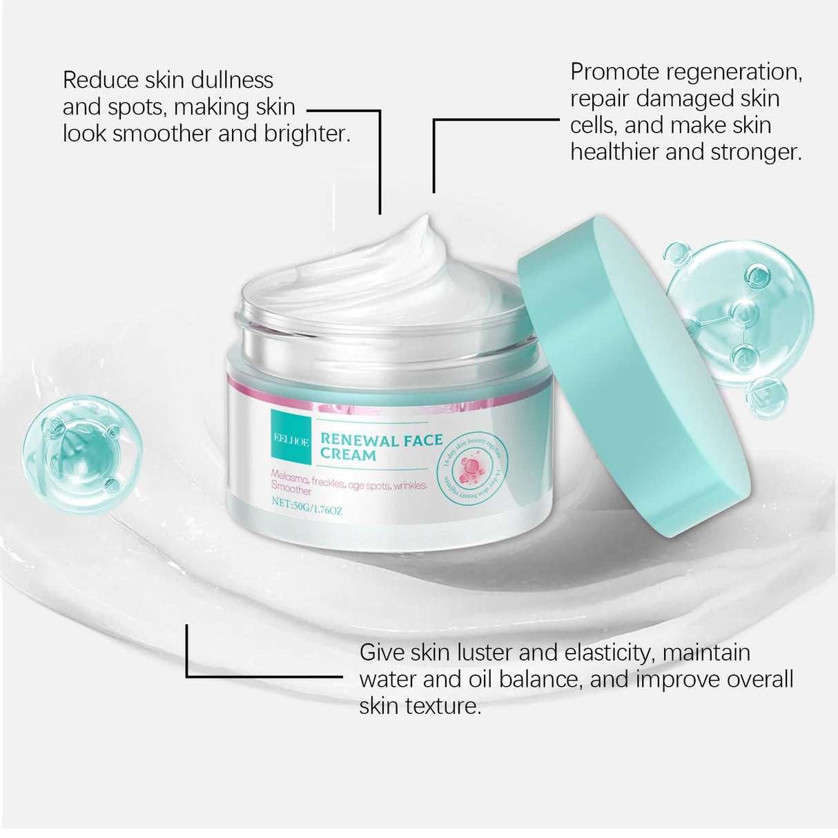 Crema facial reafirmante con colágeno, renovación, nutrición profunda, reducción de manchas oscuras, pecas, aclaramiento, piel suave, lifting, crema reafirmante.