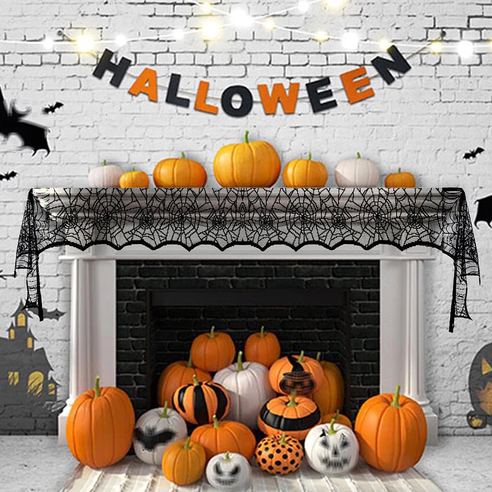 Halloween Decorations Set Spider Web Table Runner Fireplace Scarf Cover Tablecloth 3D Bats Wall Stickers Halloween Party Decor