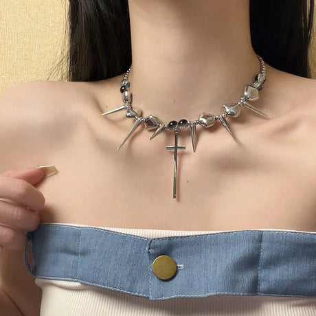 Retro Y2K Long Spike Rivet Necklace Stainless Steel Cross Hip Hop Necklace for Women Vintage Grunge Style Party Jewelry - Lootquake