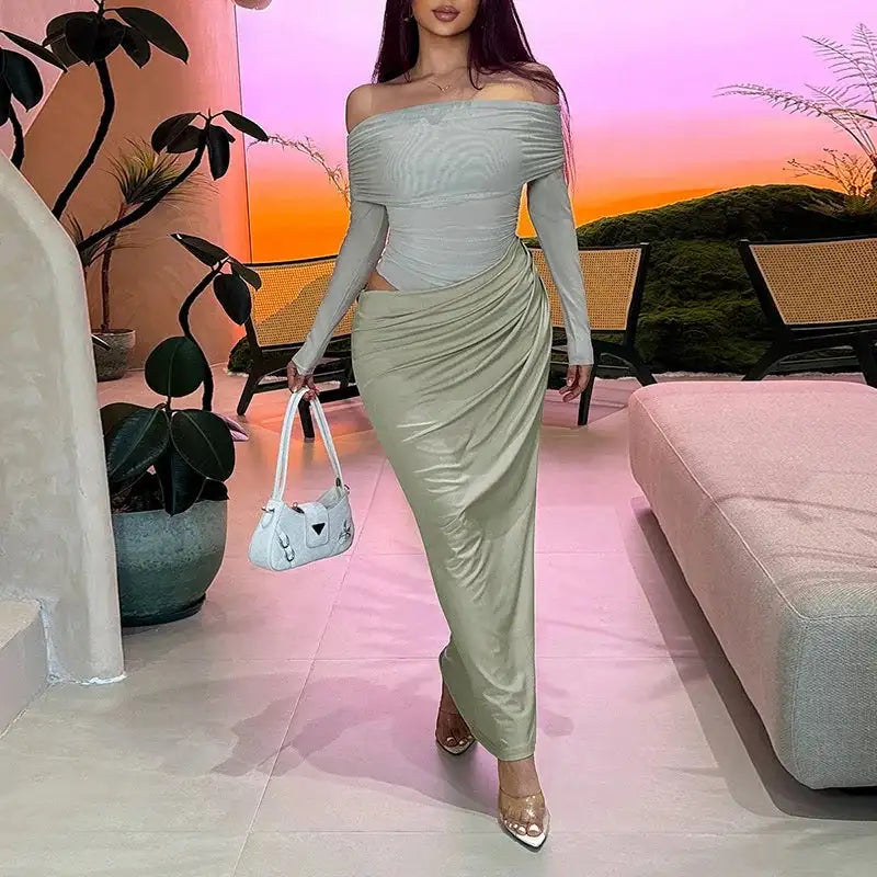 BOOFEENAA See Through Mesh Patchwork Black Long Dress Fall 2024 Sexy Elegant Off Shoulder Long Sleeve Cutout Dresses C66-EZ33 - Lootquake