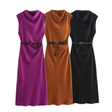 TRAFZA Women's Autumn New Fashion Versatile Belted Midi Slim Long Dress Female Elegant High Street Sleeveless Casual Dress Mujer - Lootquake