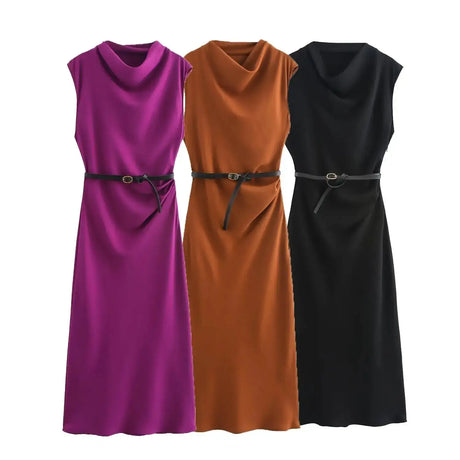 TRAFZA Women's Autumn New Fashion Versatile Belted Midi Slim Long Dress Female Elegant High Street Sleeveless Casual Dress Mujer - Lootquake