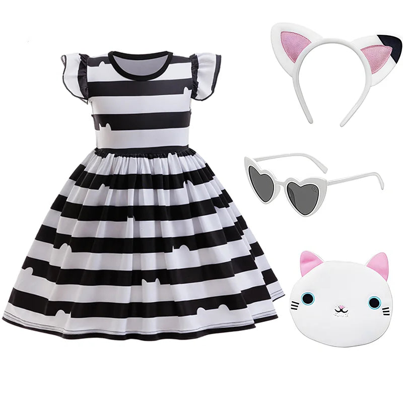 Girl Halloween Costume Set Black White Striped Dress With Cat Ears Headband Glasses Purse Accessories Birthday Party Outfit